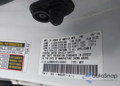 2015 Honda Cr-V Ex-L from USA, damaged, VIN 5J6RM4H76FL089840